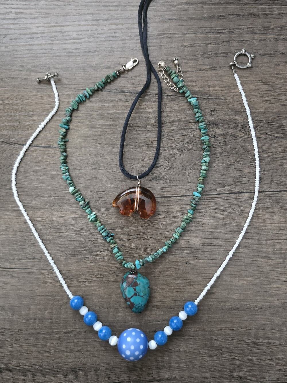 Southwestern Necklace lot (3) Turquoise & Sterling, Blue Polka Dot, Amber Bear